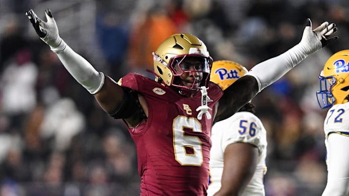 Nov 30, 2024; Chestnut Hill, Massachusetts, USA; Boston College Eagles defensive end Donovan Ezeiruaku (6) reacts after a sack against the Pittsburgh Panthers during the second half at Alumni Stadium. Mandatory Credit: Brian Fluharty-Imagn Images