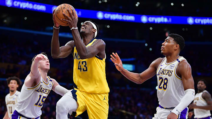 Feb 8, 2025; Los Angeles, California, USA; Indiana Pacers forward Pascal Siakam (43) moves to the basket against Los Angeles Lakers guard Austin Reaves (15) and forward Rui Hachimura (28) during the first half at Crypto.com Arena. Mandatory Credit: Gary A. Vasquez-Imagn Images Feb 8, 2025; Los Angeles, California, USA; Indiana Pacers forward Pascal Siakam (43) moves to the basket against Los Angeles Lakers guard Austin Reaves (15) and forward Rui Hachimura (28) during the first half at Crypto.com Arena. Mandatory Credit: Gary A. Vasquez-Imagn Images