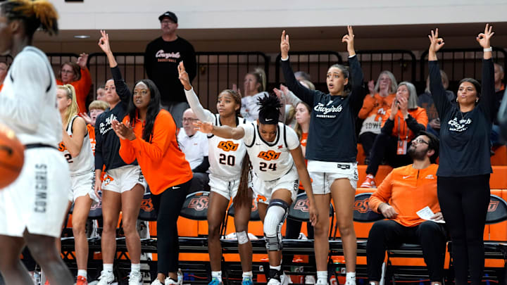 Oklahoma players celebrate during a women's college basketball game between the Oklahoma State Cowgirls (OSU) and the Arizona State Sun Devils at Gallagher-Iba Arena in Stillwater, Okla., Wednesday, Jan. 29, 2025. Oklahoma players celebrate during a women's college basketball game between the Oklahoma State Cowgirls (OSU) and the Arizona State Sun Devils at Gallagher-Iba Arena in Stillwater, Okla., Wednesday, Jan. 29, 2025.