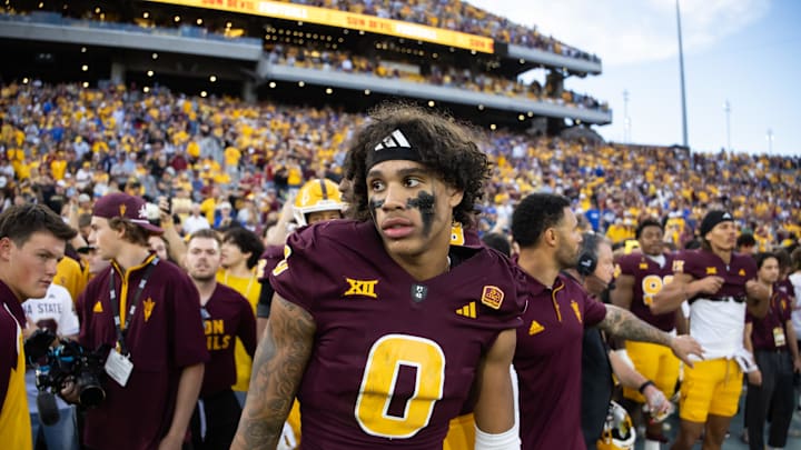 Nov 23, 2024; Tempe, Arizona, USA; Arizona State Sun Devils wide receiver Jordyn Tyson (0) against the Brigham Young Cougars at Mountain America Stadium. Mandatory Credit: Mark J. Rebilas-Imagn Images
