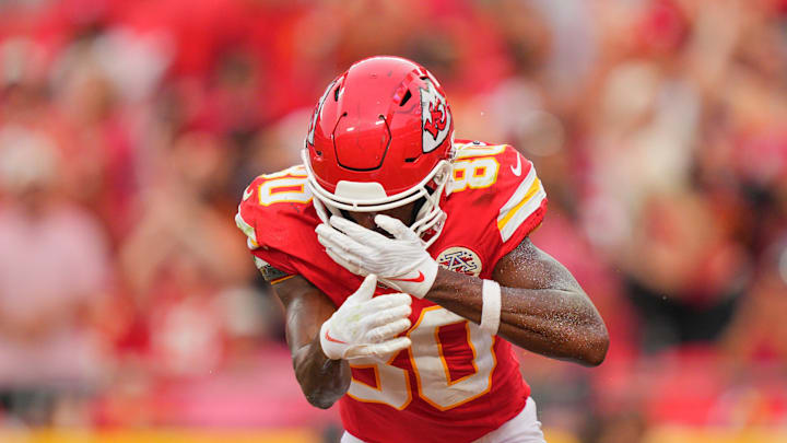 Sep 14, 2025; Kansas City, Missouri, USA; Kansas City Chiefs wide receiver Tyquan Thornton (80) celebrates after scoring a touchdown against the Philadelphia Eagles during the fourth quarter of the game at GEHA Field at Arrowhead Stadium. Sep 14, 2025; Kansas City, Missouri, USA; Kansas City Chiefs wide receiver Tyquan Thornton (80) celebrates after scoring a touchdown against the Philadelphia Eagles during the fourth quarter of the game at GEHA Field at Arrowhead Stadium.