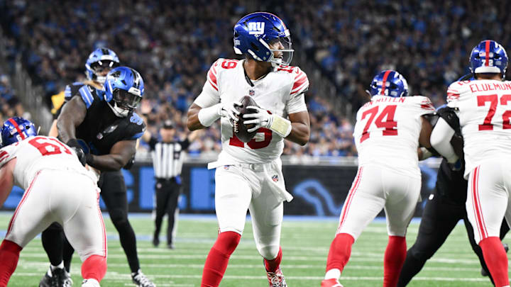 Nov 23, 2025; Detroit, Michigan, USA; New York Giants quarterback Jameis Winston (19) looks to pass in the fourth quarter against the Detroit Lions at Ford Field.  