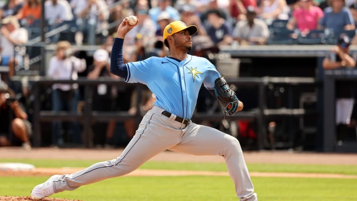 Mar 6, 2024; Tampa, Florida, USA;Tampa Bay Rays starting pitcher Taj Bradley (45) throws a pitch