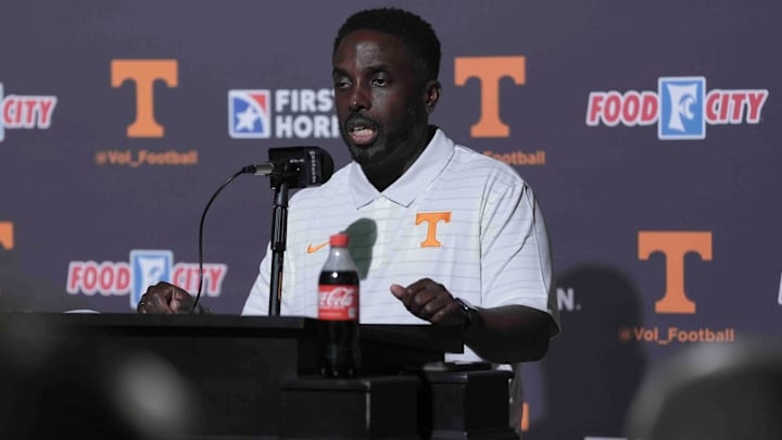 Tennessee football defensive coordinator Tim Banks speaks to the media during football media day, in Knoxville, Tennessee, July 29, 2025.
