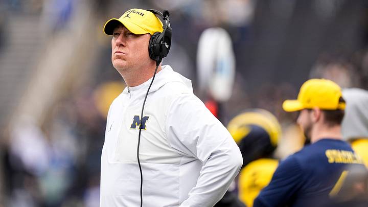 Michigan offensive line coach Jim Harding watches a play during the spring game at Michigan Stadium in Ann Arbor on Saturday, April 18, 2026. Michigan offensive line coach Jim Harding watches a play during the spring game at Michigan Stadium in Ann Arbor on Saturday, April 18, 2026.