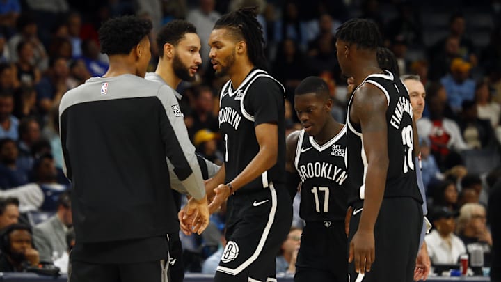Oct 30, 2024; Memphis, Tennessee, USA; Brooklyn Nets forward Ziaire Williams (1) reacts with teammates as he walks toward the bench during the second half against the Memphis Grizzlies at FedExForum. Mandatory Credit: Petre Thomas-Imagn Images