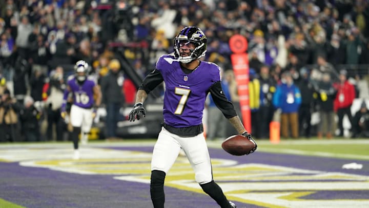 Jan 11, 2025; Baltimore, Maryland, USA; Baltimore Ravens wide receiver Rashod Bateman (7) celebrates after scoring a touchdown against the Pittsburgh Steelers in the first quarter in an AFC wild card game at M&T Bank Stadium. Mandatory Credit: Mitch Stringer-Imagn Images Jan 11, 2025; Baltimore, Maryland, USA; Baltimore Ravens wide receiver Rashod Bateman (7) celebrates after scoring a touchdown against the Pittsburgh Steelers in the first quarter in an AFC wild card game at M&T Bank Stadium. Mandatory Credit: Mitch Stringer-Imagn Images