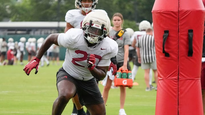 Aug. 3, 2025; Tuscaloosa, AL, USA; Linebacker Jah-Marien Latham runs a drill during practice Sunday at the University of Alabama. Aug. 3, 2025; Tuscaloosa, AL, USA; Linebacker Jah-Marien Latham runs a drill during practice Sunday at the University of Alabama.