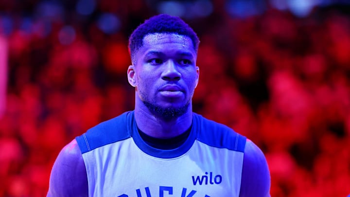 Mar 24, 2025; Phoenix, Arizona, USA; Milwaukee Bucks forward Giannis Antetokounmpo (34) before the game against the Phoenix Suns at Footprint Center. Mandatory Credit: Mark J. Rebilas-Imagn Images