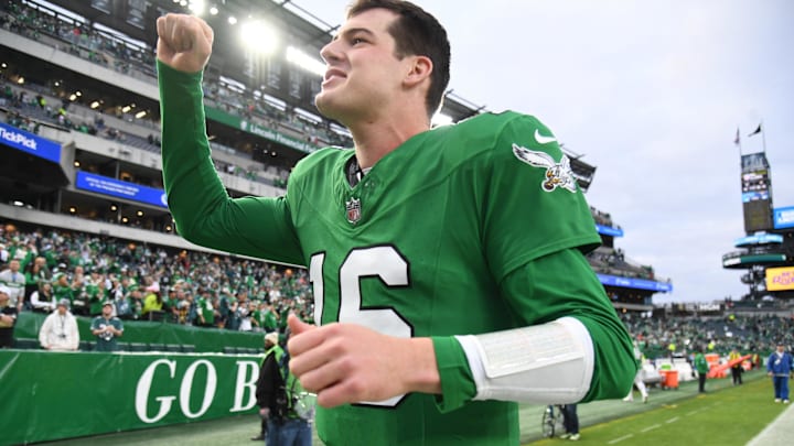 Dec 29, 2024; Philadelphia, Pennsylvania, USA; Philadelphia Eagles quarterback Tanner McKee (16) runs off the field after win against the Dallas Cowboys at Lincoln Financial Field. Mandatory Credit: Eric Hartline-Imagn Images