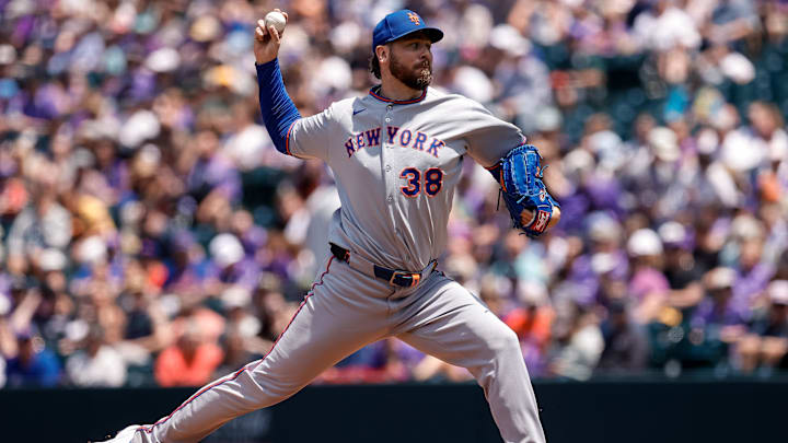 Jun 8, 2025; Denver, Colorado, USA; New York Mets starting pitcher Tylor Megill (38) pitches in the first inning against the Colorado Rockies at Coors Field. Mandatory Credit: Isaiah J. Downing-Imagn Images Jun 8, 2025; Denver, Colorado, USA; New York Mets starting pitcher Tylor Megill (38) pitches in the first inning against the Colorado Rockies at Coors Field. Mandatory Credit: Isaiah J. Downing-Imagn Images