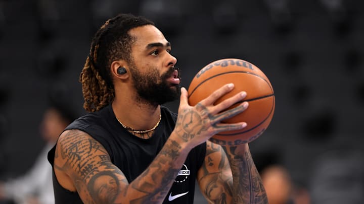 Nov 29, 2025; Inglewood, California, USA;  Dallas Mavericks guard D'Angelo Russell (5) warms up prior to the game against the Los Angeles Clippers at Intuit Dome. Mandatory Credit: Kiyoshi Mio-Imagn Images