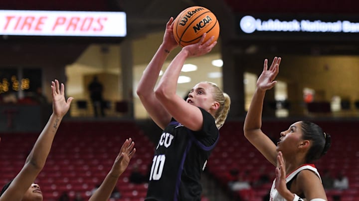 TCU's Hailey Van Lith shoots against Texas Tech in a Big 12 women's basketball game Saturday, Jan. 11, 2025, at United Supermarkets Arena. TCU's Hailey Van Lith shoots against Texas Tech in a Big 12 women's basketball game Saturday, Jan. 11, 2025, at United Supermarkets Arena.
