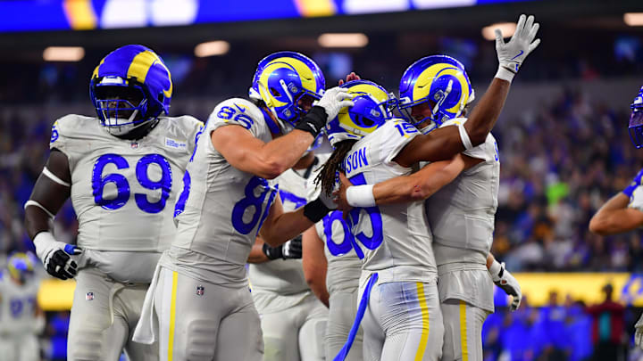 Oct 24, 2024; Inglewood, California, USA;  Los Angeles Rams wide receiver Demarcus Robinson (15) celebrates his touchdown scored against the against the Minnesota Vikings during the second half at SoFi Stadium. Mandatory Credit: Gary A. Vasquez-Imagn Images