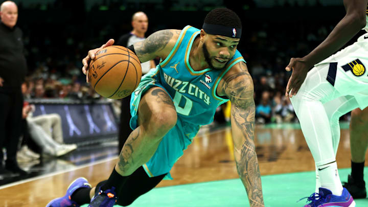 Miles Bridges, of the Charlotte Hornets drives against the Indiana Pacers
