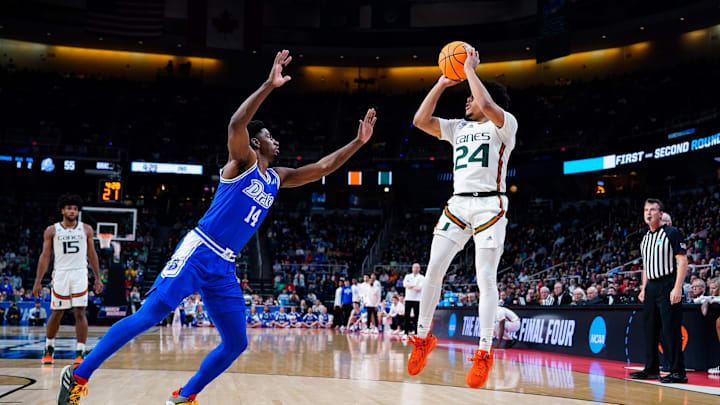 Mar 17, 2023; Albany, NY, USA; Miami Hurricanes guard Nijel Pack (24) attempts a shot as Drake Bulldogs guard Sardaar Calhoun (14) defends in the second half at MVP Arena. Mandatory Credit: Gregory Fisher-Imagn Images