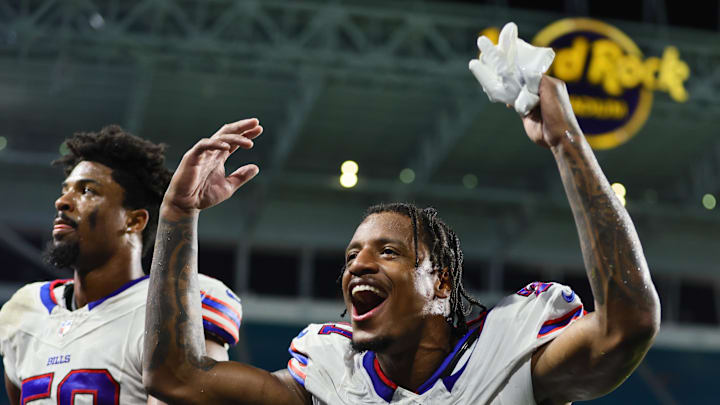 Sep 12, 2024; Miami Gardens, Florida, USA; Buffalo Bills cornerback Rasul Douglas (31) celebrates after the game against the Buffalo Bills at Hard Rock Stadium. Mandatory Credit: Sam Navarro-Imagn Images Sep 12, 2024; Miami Gardens, Florida, USA; Buffalo Bills cornerback Rasul Douglas (31) celebrates after the game against the Buffalo Bills at Hard Rock Stadium. Mandatory Credit: Sam Navarro-Imagn Images