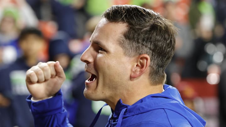 Nov 2, 2025; Landover, Maryland, USA; Seattle Seahawks head coach Mike Macdonald reacts to the win against the Washington Commanders at Northwest Stadium. Mandatory Credit: Amber Searls-Imagn Images