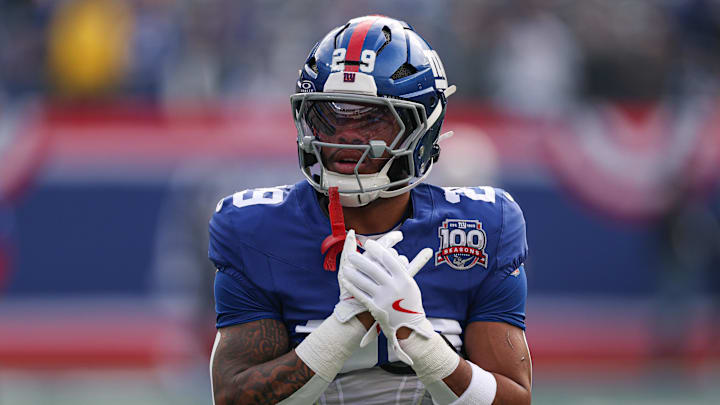 Dec 29, 2024; East Rutherford, New Jersey, USA; New York Giants running back Tyrone Tracy Jr. (29) warms up before the game against the Indianapolis Colts at MetLife Stadium.  