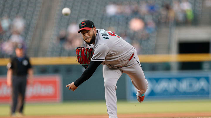 Aug 14, 2025; Denver, Colorado, USA; Arizona Diamondbacks starting pitcher Eduardo Rodriguez (57) pitches in the first inning against the Colorado Rockies at Coors Field. Mandatory Credit: Isaiah J. Downing-Imagn Images Aug 14, 2025; Denver, Colorado, USA; Arizona Diamondbacks starting pitcher Eduardo Rodriguez (57) pitches in the first inning against the Colorado Rockies at Coors Field. Mandatory Credit: Isaiah J. Downing-Imagn Images