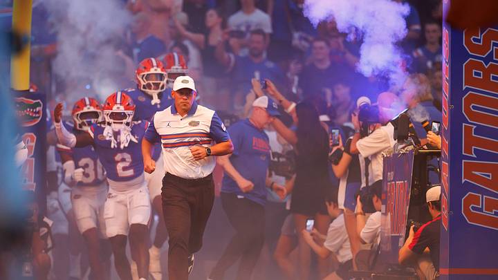 Sep 5, 2026; Gainesville, Florida, USA;  Florida Gators head coach Jon Sumrall runs onto the field before a game against the Florida Atlantic Owls at Ben Hill Griffin Stadium.  Mandatory Credit: Matt Pendleton-Imagn Images