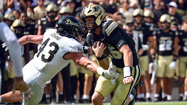 Sep 12, 2026; West Lafayette, Indiana, USA; Wake Forest linebacker Frank Cusano (43) gets a hand on Purdue quarterback Ryan Browne (15). Sep 12, 2026; West Lafayette, Indiana, USA; Wake Forest linebacker Frank Cusano (43) gets a hand on Purdue quarterback Ryan Browne (15).