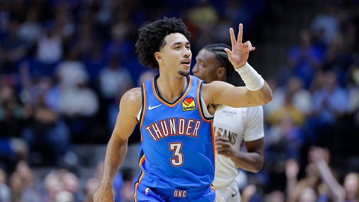 Oct 6, 2026; Tulsa, Oklahoma, USA; Oklahoma City Thunder guard Jared McCain (3) gestures after scoring a three point basket against the New Orleans Pelicans during the first half at BOK Center. Mandatory Credit: Alonzo Adams-Imagn Images Oct 6, 2026; Tulsa, Oklahoma, USA; Oklahoma City Thunder guard Jared McCain (3) gestures after scoring a three point basket against the New Orleans Pelicans during the first half at BOK Center. Mandatory Credit: Alonzo Adams-Imagn Images