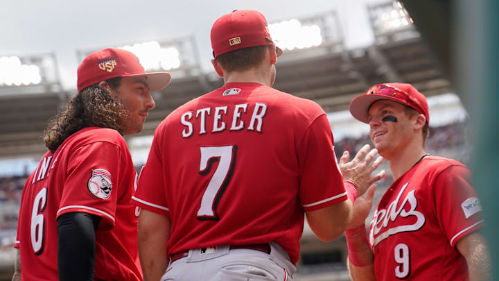 Cincinnati Reds infielders Jonathan India, Spencer Steer, Matt McLain