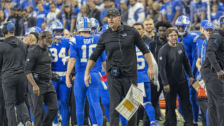 Jan 18, 2025; Detroit, Michigan, USA; Detroit Lions head coach Dan Campbell looks on during the second quarter against the Washington Commanders at Ford Field. Mandatory Credit: David Reginek-Imagn Images