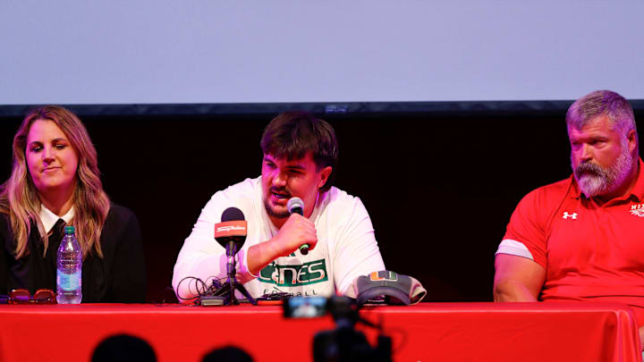 Nixa High School offensive tackle Jackson Cantwell, the No. 1 ranked high school football recruit for the class of 2026, announced he will play football at Miami during a ceremony on Tuesday, May 13, 2025.