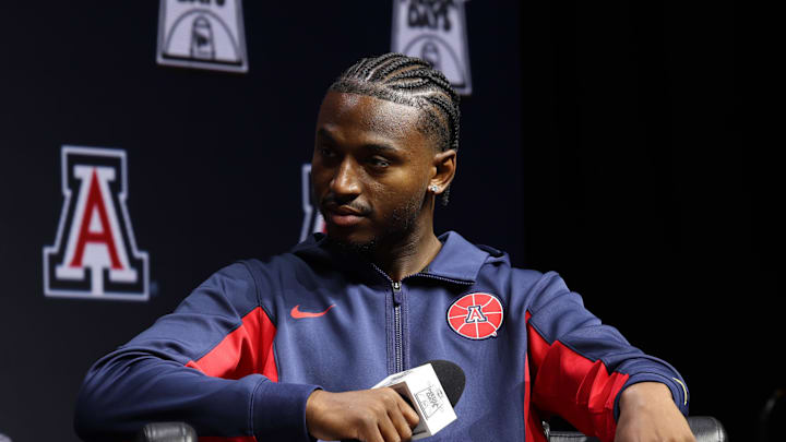 Oct 22, 2025; Kansas City, MO, USA; Arizona's Jaden Bradley speaks to media during Big 12 Menís Basketball media day at T-Mobile Center. Mandatory Credit: Sophia Scheller-Imagn Images Oct 22, 2025; Kansas City, MO, USA; Arizona's Jaden Bradley speaks to media during Big 12 Menís Basketball media day at T-Mobile Center. Mandatory Credit: Sophia Scheller-Imagn Images