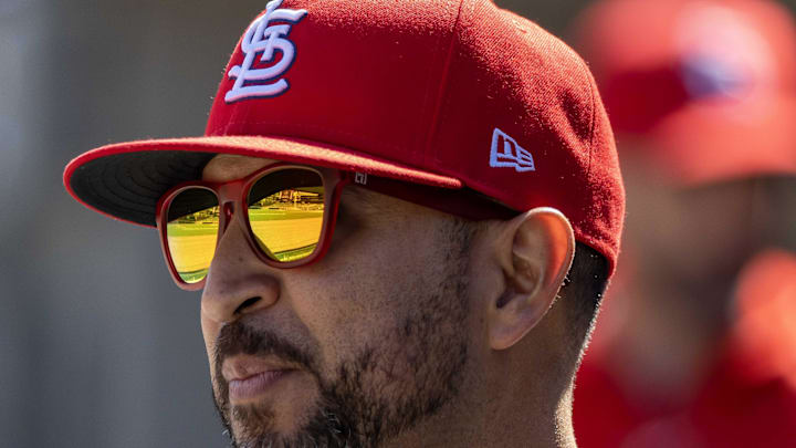 Apr 30, 2024; Detroit, Michigan, USA; St. Louis Cardinals manager Oliver Marmol (37) watches from