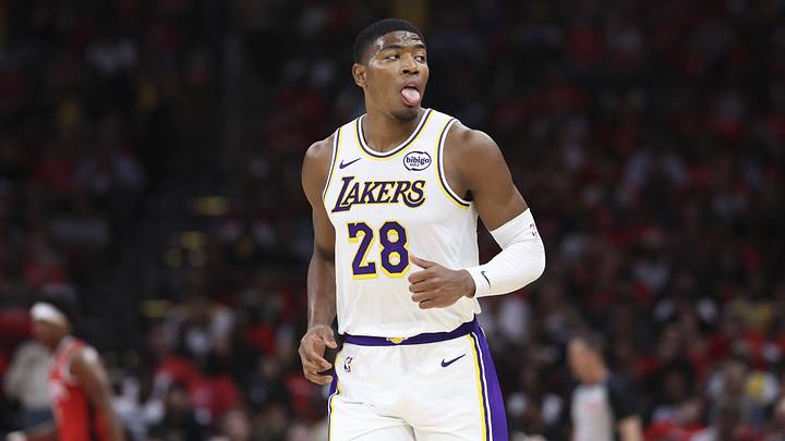 Apr 26, 2026; Houston, Texas, USA; Los Angeles Lakers forward Rui Hachimura (28) reacts after scoring a basket during the second quarter against the Houston Rockets during game four of the first round of the 2026 NBA Playoffs at Toyota Center. Mandatory Credit: Troy Taormina-Imagn Images