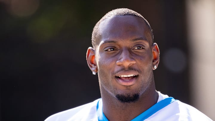Jul 24, 2025; Charlotte, NC, USA; Carolina Panthers linebacker Nic Scourton (11) walks up to training camp. Mandatory Credit: Scott Kinser-Imagn Images