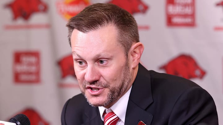 Arkansas Razorbacks coach Ryan Silverfield during his introductory press conference at Frank Broyles Center.