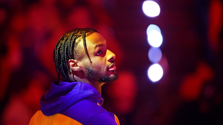 Oct 28, 2024; Phoenix, Arizona, USA; Los Angeles Lakers guard Bronny James (9) looks on before the game against the Phoenix Suns at Footprint Center. Mandatory Credit: Mark J. Rebilas-Imagn Images Oct 28, 2024; Phoenix, Arizona, USA; Los Angeles Lakers guard Bronny James (9) looks on before the game against the Phoenix Suns at Footprint Center. Mandatory Credit: Mark J. Rebilas-Imagn Images