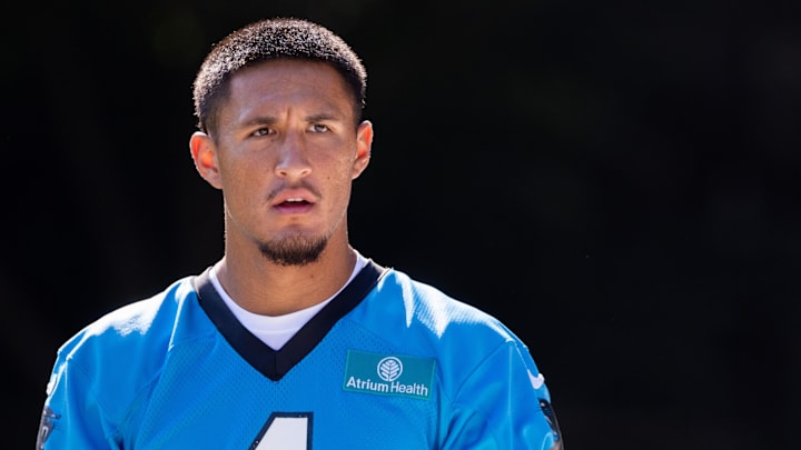 Jul 24, 2025; Charlotte, NC, USA; Carolina Panthers wide receiver Tetairoa McMillan (4) walks up for training camp. Mandatory Credit: Scott Kinser-Imagn Images