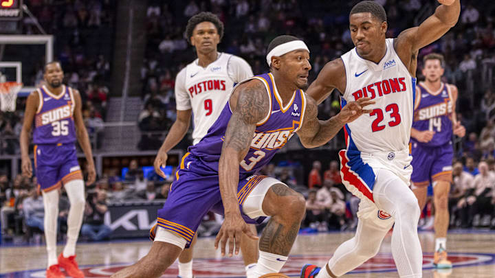 Oct 8, 2023; Detroit, Michigan, USA; Detroit Pistons guard Jaden Ivey (23) defends against Phoenix Suns guard Bradley Beal (3) during the first half of a pre-season game at Little Caesars Arena. Mandatory Credit: David Reginek-Imagn Images