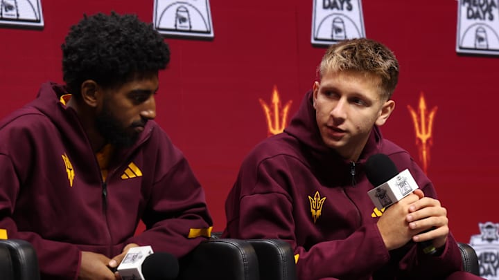 Oct 22, 2025; Kansas City, MO, USA; Arizona Stateís Noah Meeusen (right) and Maurice Odom (left) speak to media during Big 12 Menís Basketball media day at T-Mobile Center. Mandatory Credit: Sophia Scheller-Imagn Images