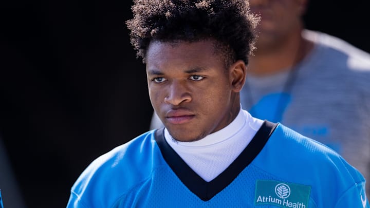 Jul 24, 2025; Charlotte, NC, USA; Carolina Panthers wide receiver Jimmy Horn Jr. (15) heads to training camp. Mandatory Credit: Scott Kinser-Imagn Images