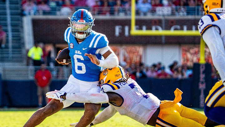 Ole Miss quarterback Trinidad Chambliss (6) carries the ball during a college football game between Ole Miss and LSU at Vaught-Hemingway Stadium in Oxford, Miss., on Saturday, Sept. 27, 2025.