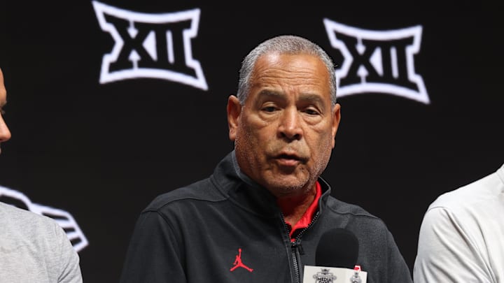 Oct 22, 2025; Kansas City, MO, USA; Houston head coach Kelvin Sampson speaks to media during Big 12 Menís Basketball media day at T-Mobile Center. Mandatory Credit: Sophia Scheller-Imagn Images