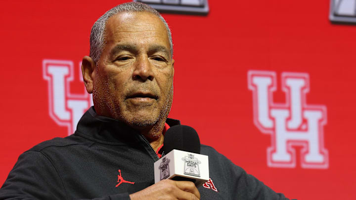 Oct 22, 2025; Kansas City, MO, USA; Houston head coach Kelvin Sampson speaks to media during Big 12 Menís Basketball media day at T-Mobile Center. Mandatory Credit: Sophia Scheller-Imagn Images