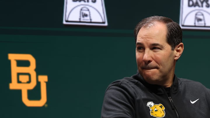 Oct 22, 2025; Kansas City, MO, USA; Baylor head coach Scott Drew speaks to media during Big 12 Menís Basketball media day at T-Mobile Center. Mandatory Credit: Sophia Scheller-Imagn Images Oct 22, 2025; Kansas City, MO, USA; Baylor head coach Scott Drew speaks to media during Big 12 Menís Basketball media day at T-Mobile Center. Mandatory Credit: Sophia Scheller-Imagn Images