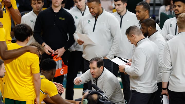 Mar 7, 2026; Waco, Texas, USA;  Baylor Bears head coach Scott Drew during a timeout with his team 