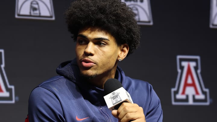 Oct 22, 2025; Kansas City, MO, USA; Arizonas Koa Peat speaks to media during Big 12 Menís Basketball media day at T-Mobile Center. Mandatory Credit: Sophia Scheller-Imagn Images