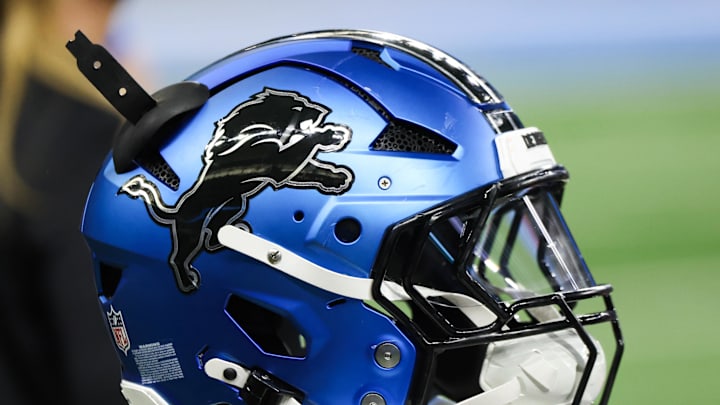 Nov 23, 2025; Detroit, Michigan, USA; A general view of the Detroit Lions helmet during the game against the New York Giants at Ford Field. Mandatory Credit: David Reginek-Imagn Images Nov 23, 2025; Detroit, Michigan, USA; A general view of the Detroit Lions helmet during the game against the New York Giants at Ford Field. Mandatory Credit: David Reginek-Imagn Images
