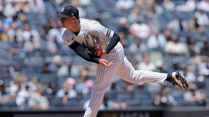 May 7, 2026; Bronx, New York, USA; New York Yankees relief pitcher Brendan Beck (89) follows through on a pitch against the Texas Rangers during the second inning at Yankee Stadium. Mandatory Credit: Brad Penner-Imagn Images