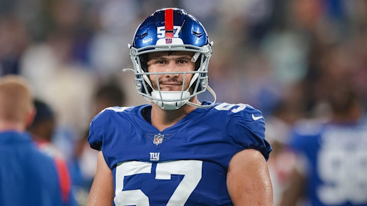 Aug 29, 2021; East Rutherford, New Jersey, USA; New York Giants defensive end Niko Lalos (57) looks on after the game against the New England Patriots at MetLife Stadium. Mandatory Credit: Vincent Carchietta-Imagn Images Aug 29, 2021; East Rutherford, New Jersey, USA; New York Giants defensive end Niko Lalos (57) looks on after the game against the New England Patriots at MetLife Stadium. Mandatory Credit: Vincent Carchietta-Imagn Images