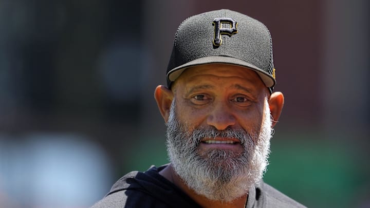 May 29, 2023; San Francisco, California, USA; Pittsburgh Pirates infield coach Mendy Lopez (96) before the game against the San Francisco Giants at Oracle Park. Mandatory Credit: Darren Yamashita-Imagn Images